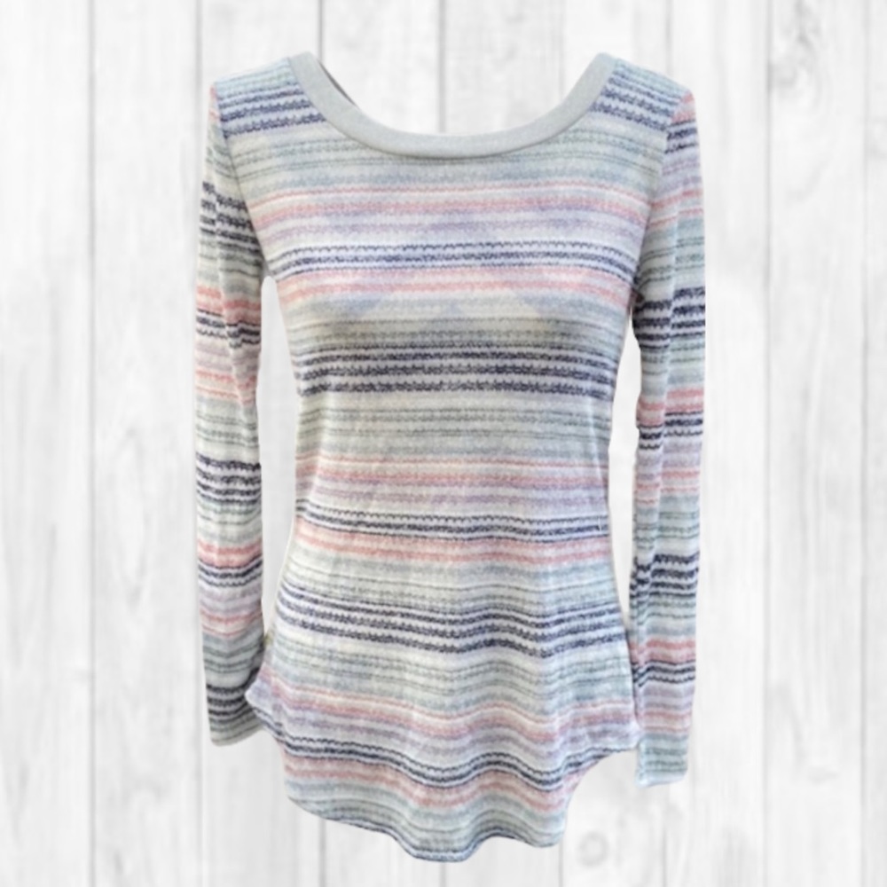Wallflower Scoop Neck Multicolor Striped Long Sleeve Sweater Top (L)
